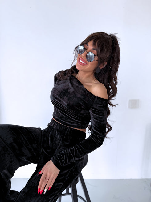 Velvet set top + pants "PINECONE" - BLACK